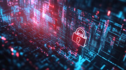 Leinwandbilder - A digital representation of cybersecurity with a padlock symbol amidst a data network.