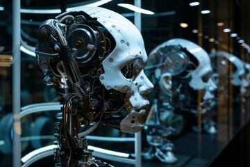 Poster - Humanoid robot head with artificial intelligence showing human emotions in a futuristic laboratory