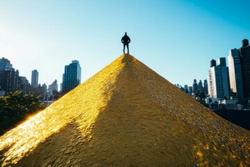 man standing on a hill of gold coins.
man watches city view from golden hill