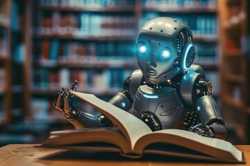 Poster - Robot with glowing blue eyes reading book in library setting