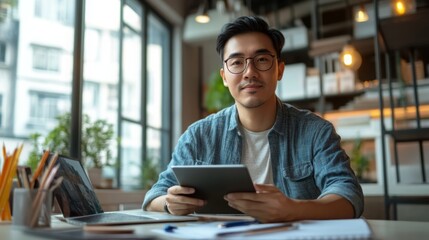 Wall Mural - A young man is attentively using a tablet, seated at a stylish desk in a contemporary office. Natural light streams through large windows, creating a productive and inviting atmosphere.