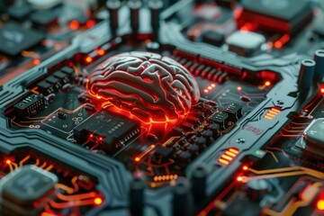 Poster - 3d rendering of a human brain glowing on a motherboard, symbolizing the power and potential of artif