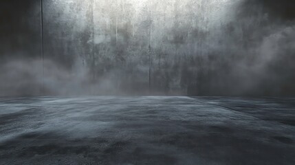 Poster - A dark, misty environment with a textured wall and wet floor, creating a moody atmosphere.