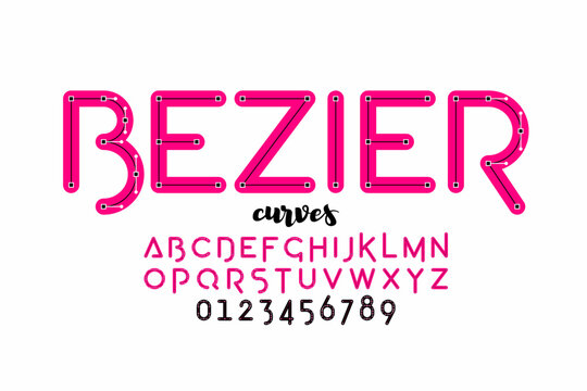 Bezier curves. Vector format style font design, alphabet letters and numbers vector illustration