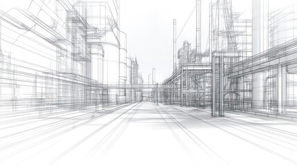 Aufkleber - A wireframe illustration of an industrial landscape, showcasing structures and pathways.