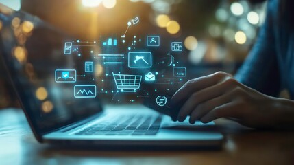 Aufkleber - A person using a laptop with digital shopping icons overlay.