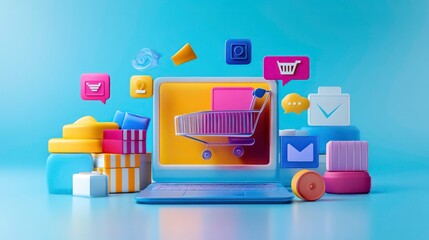 Poster - A colorful digital shopping scene with a cart and various online shopping icons.