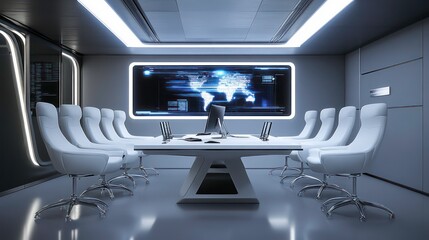 Leinwandbilder - Modern conference room with a large table, chairs, and a digital world map display.
