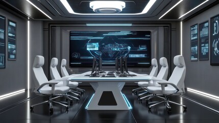 Aufkleber - Modern conference room with high-tech screens and ergonomic chairs for meetings.