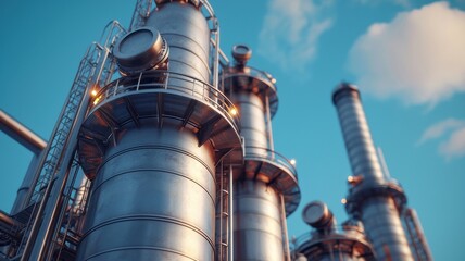 Industrial landscape showcasing modern processing towers under clear blue skies with innovative engineering and design elements