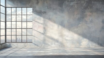 Wall Mural - A weathered, textured wall with panoramic windows, with copy space for text or designs on the open wall.