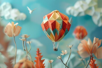 Poster - Colorful origami hot air balloon is flying in a blue sky over paper flowers