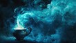 © savittree - A wish-granting genie coming out of a magical lamp, with glowing blue smoke swirling around, capturing the essence of fantasy and magic.