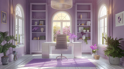 Poster - Home office decorated in light purple tones, very bright.