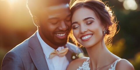 A man and woman are smiling at the camera, both wearing suits. They are both looking at the camera and seem to be happy