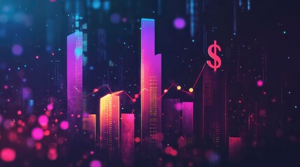 Aufkleber - Abstract financial visualization with city skyline and data trends.