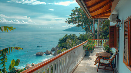 Poster - A nice balcony of a good house. with the wonderful interior design with a view of sea.