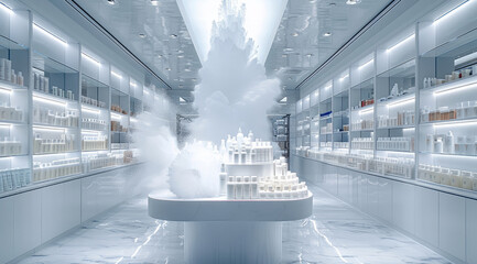 Poster - White modern interior pharmacy lab, with white soft powder explosion.