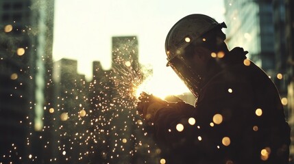 Poster - A Welder in a Protective Helmet Works on a Construction Site at Sunset