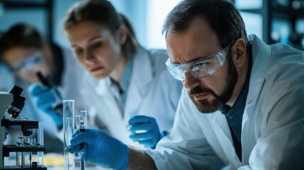 Poster - A Concentrated Scientist Examining Test Tubes in a Laboratory Setting
