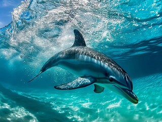 Wall Mural - a dolphin swimming in the ocean with a blue sky in the background