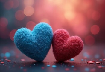 Two textured hearts, one blue and one red, set against a vibrant bokeh background