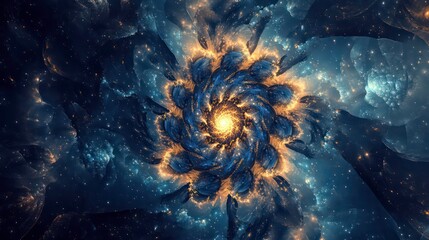 Aufkleber - A mesmerizing spiral galaxy-like fractal design with golden highlights against a dark background.