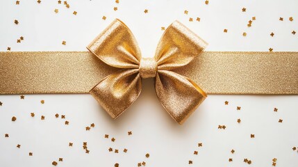 Poster - A gold ribbon bow on a white background, surrounded by small golden confetti.
