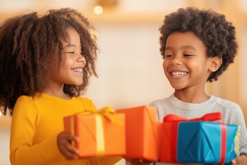 Joyful children sharing gifts, embodying unity and happiness