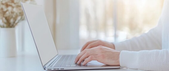 Businessman typing on laptop in home office. Close up view with space for copying text or message concept.