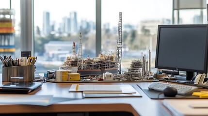 Poster - A detailed model of an oil rig displayed on an office desk with a city view.