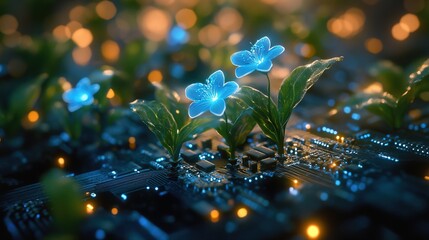 Glowing plants and blue flower growing on computer chip