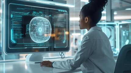 Poster - A person viewing a hologram computer monitor at a desk confused in a futuristic office.