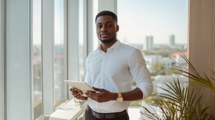 Poster - A confident black man dressed in a white shirt stands holding a tablet in a stylish office environment. The large windows reveal a view of the city skyline, enhancing the contemporary atmosphere.