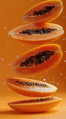 Wall Mural - Falling identical papaya slices floating in the air isolated on orange background.