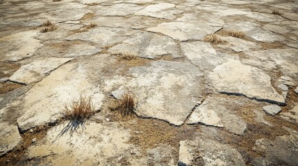 Desolate, rocky landscape with a few weeds growing in the cracks