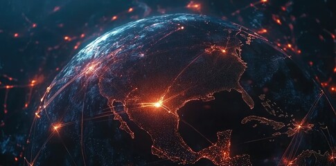 Poster - Abstract Global Network Concept with Glowing Connections Around Earth, Data Transfer Technology Background