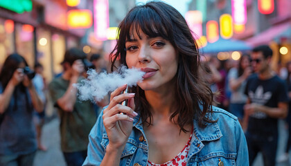 woman smoking vape pen. smoking in public place, likely street. casual attire. surrounded by photogr