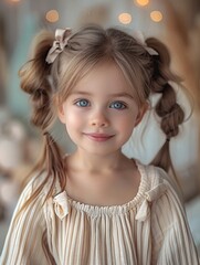 Wall Mural - A cute little girl smiling at the camera with ponytails and bows.