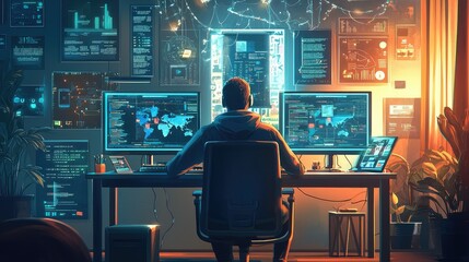 Poster - Serene Home Office Scene with a Hacker at Work