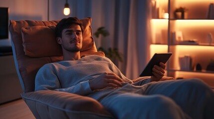 Poster - A young man unwinds in a modern living space, enjoying a moment of relaxation as he reads on a tablet. The warm lighting creates a calm and inviting atmosphere perfect for evening activities.
