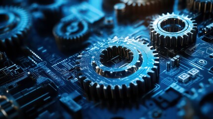 Leinwandbilder - Close-up of metallic gears on a circuit board, showcasing technology and engineering design.