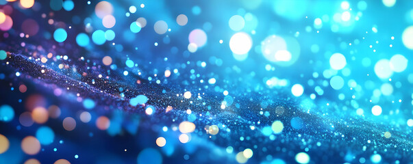 A vibrant abstract background featuring shimmering blue and colorful bokeh effects.