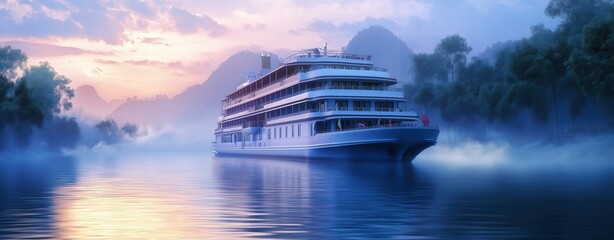 Luxury cruise ship gliding on serene mountain lake. Scenic landscapes for elegant travel