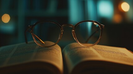 Poster - Round Glasses Resting on an Open Book Under Soft Lighting