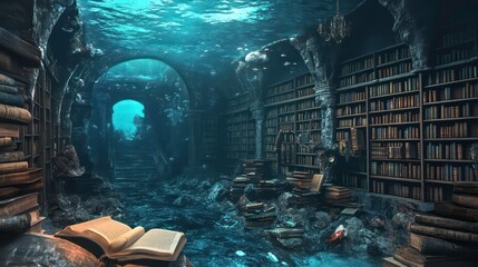 Poster - An underwater library filled with books and aquatic elements, evoking mystery and decay.