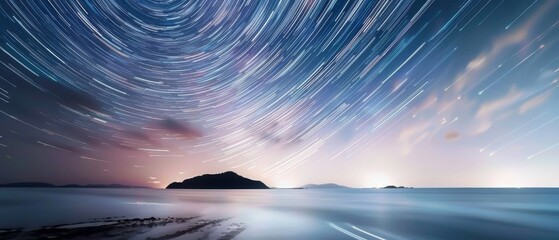 Wall Mural - Stars paint swirling trails across the night sky over a serene seascape, blending cosmic beauty with earthly tranquility.