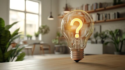 Glowing lightbulb and question mark with copy space inside with detailed white room