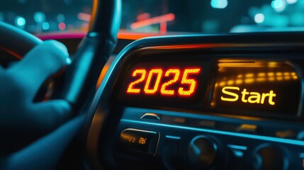 Aufkleber - A futuristic dashboard displaying the year 2025 and a start button.