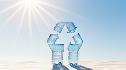 Wall Mural - A creative representation of recycled plastic bottles forming a recycling symbol, set against a bright, sunny sky.